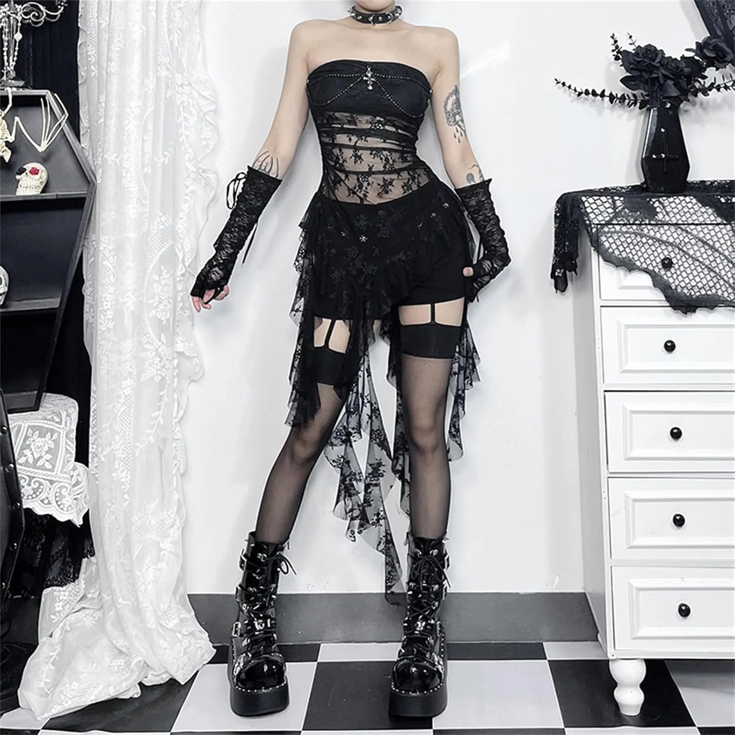 Women Gothic Strapless Crop Tank Tops Grunge Tube Top Y2k Vest Tshirts