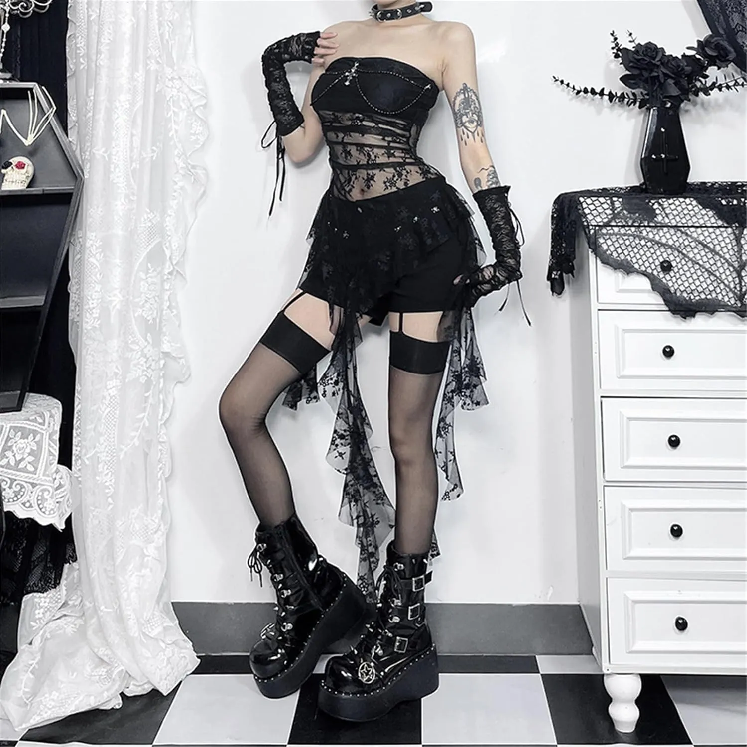 Women Gothic Strapless Crop Tank Tops Grunge Tube Top Y2k Vest Tshirts