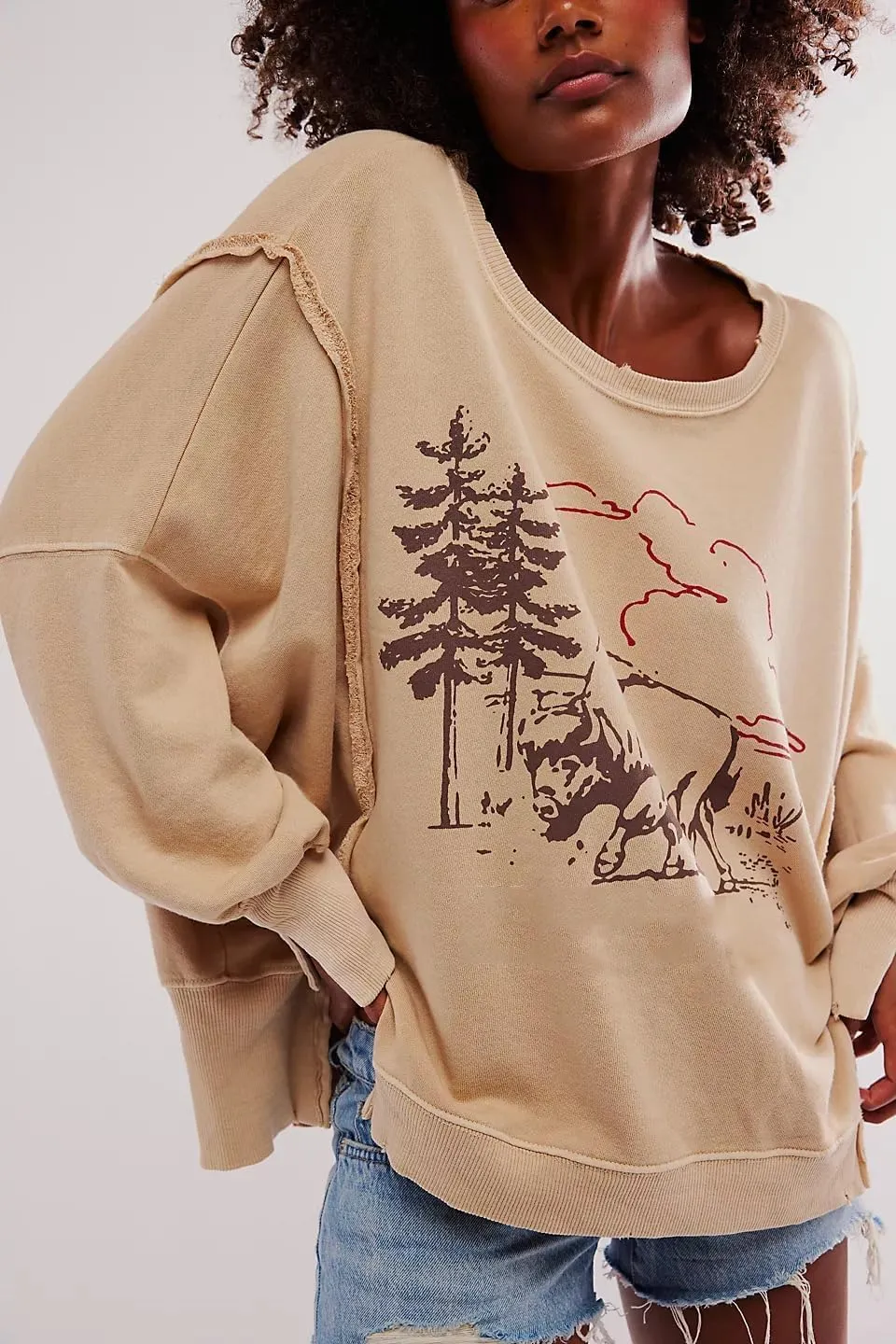 Women Oversized Y2K Graphic Sweatshirts High Low Drop Shoulder Pullover Tops Crewneck Long Sleeve Vintage Shirts