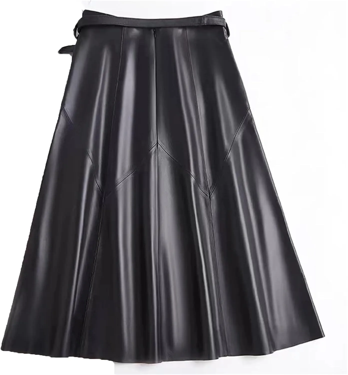 Women PU Leather High Waisted Pleated Skirt A-Line Midi Skirt for Office Work