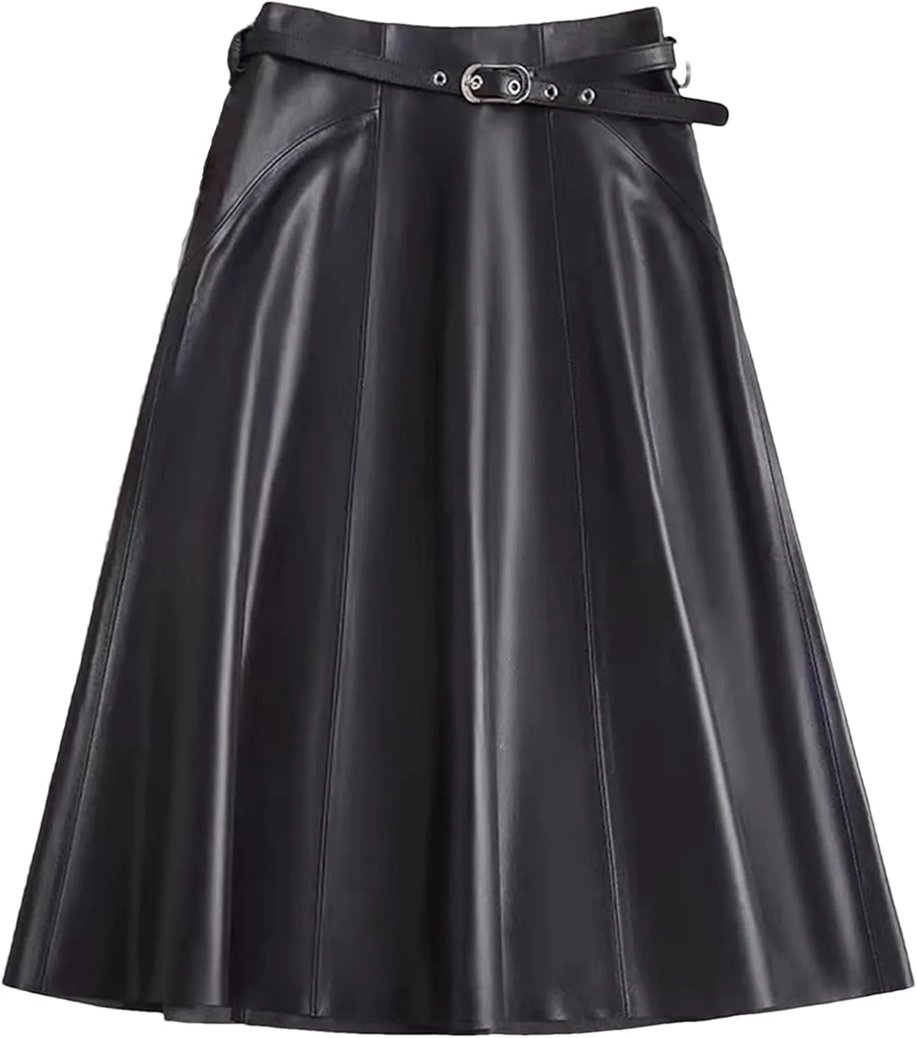 Women PU Leather High Waisted Pleated Skirt A-Line Midi Skirt for Office Work