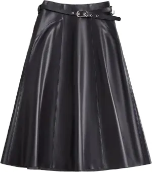 Women PU Leather High Waisted Pleated Skirt A-Line Midi Skirt for Office Work
