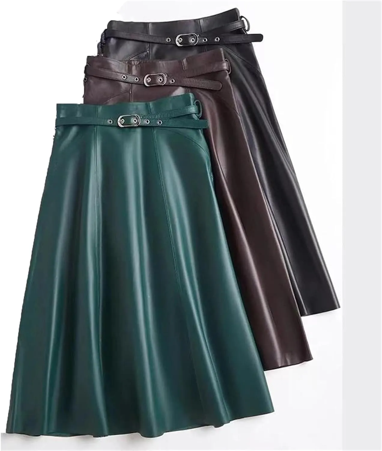 Women PU Leather High Waisted Pleated Skirt A-Line Midi Skirt for Office Work