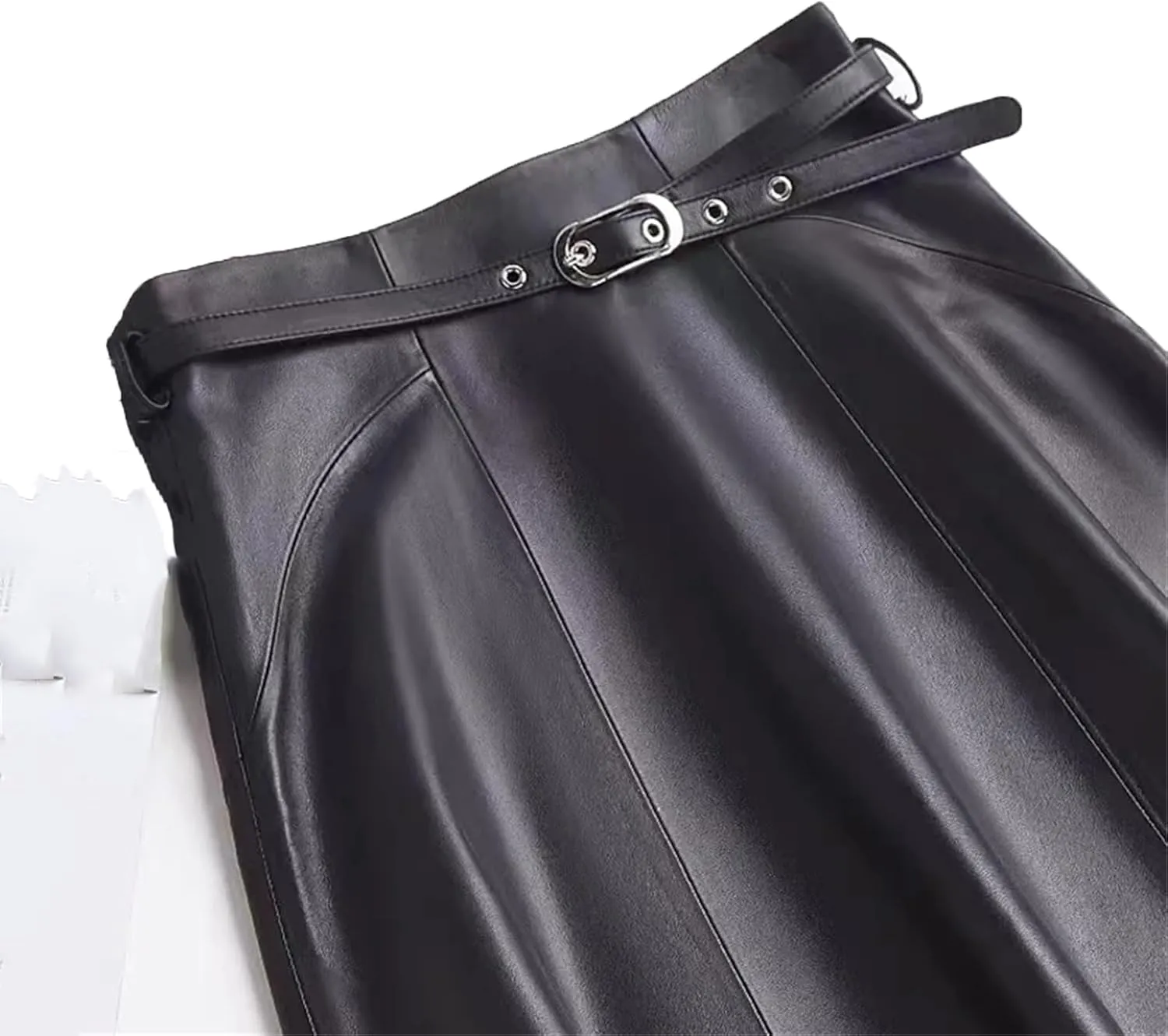Women PU Leather High Waisted Pleated Skirt A-Line Midi Skirt for Office Work