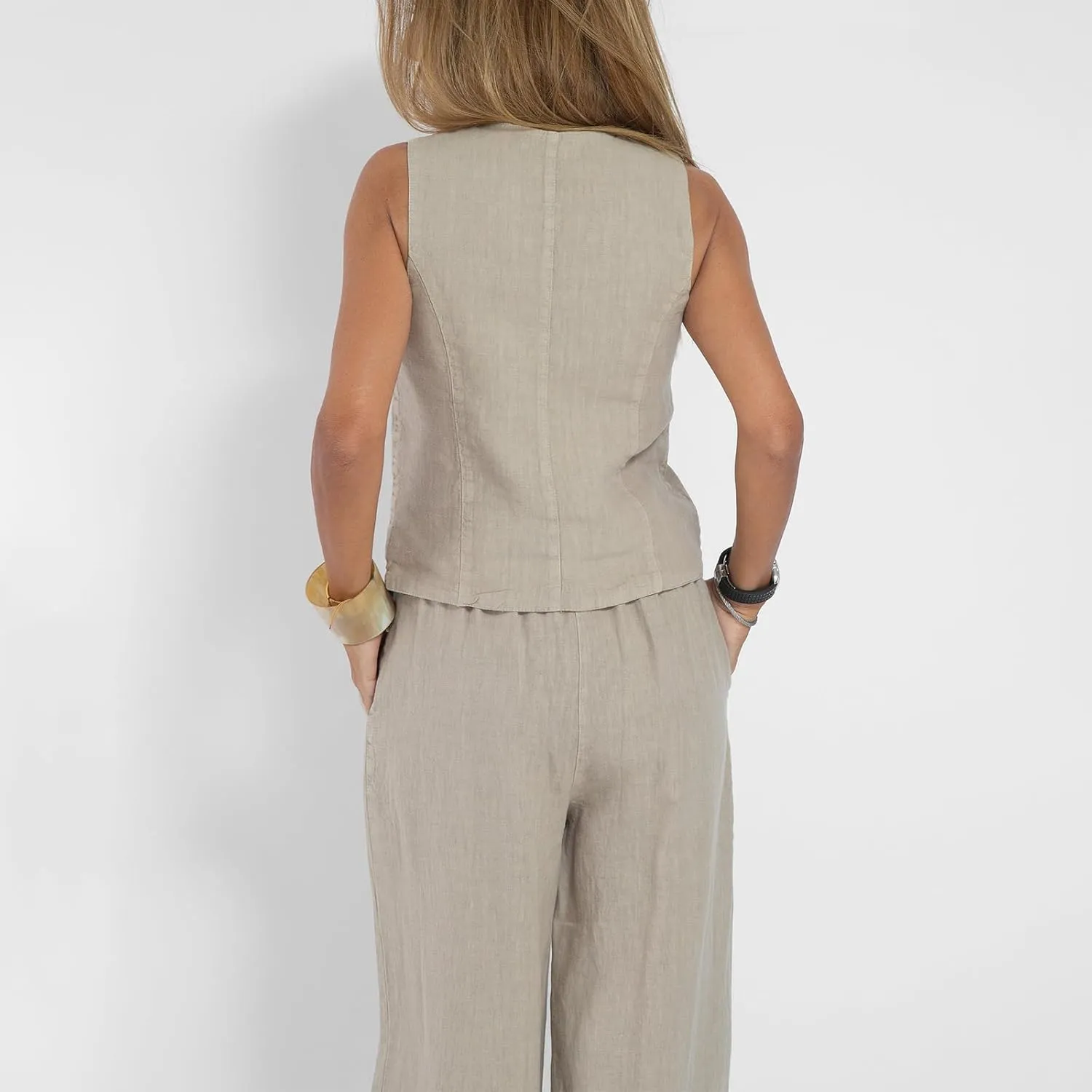 Women Two Piece Outfits Button V Neck Vest Top Blazer Wide Leg Pants Suit Business Summer Lounge Matching Set