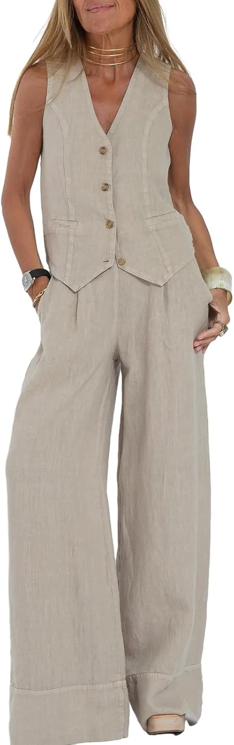 Women Two Piece Outfits Button V Neck Vest Top Blazer Wide Leg Pants Suit Business Summer Lounge Matching Set