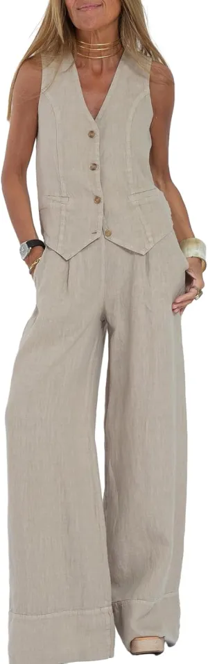 Women Two Piece Outfits Button V Neck Vest Top Blazer Wide Leg Pants Suit Business Summer Lounge Matching Set