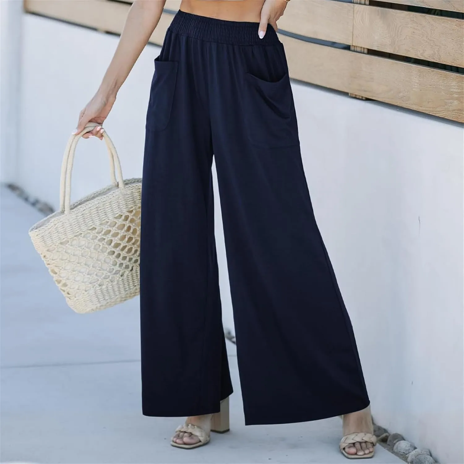 Women Wide Leg Palazzo Pants Casual Elastic High Waist Trousers Flowy Lounge Slacks with Pockets Summer Beach Outfits