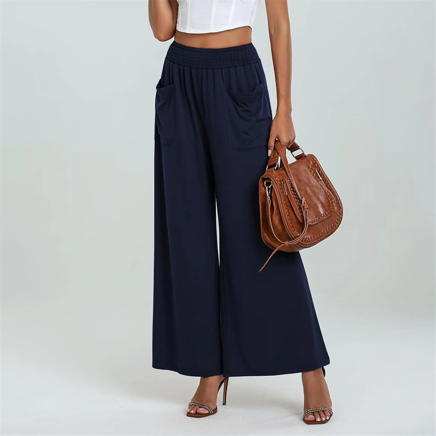 Women Wide Leg Palazzo Pants Casual Elastic High Waist Trousers Flowy Lounge Slacks with Pockets Summer Beach Outfits