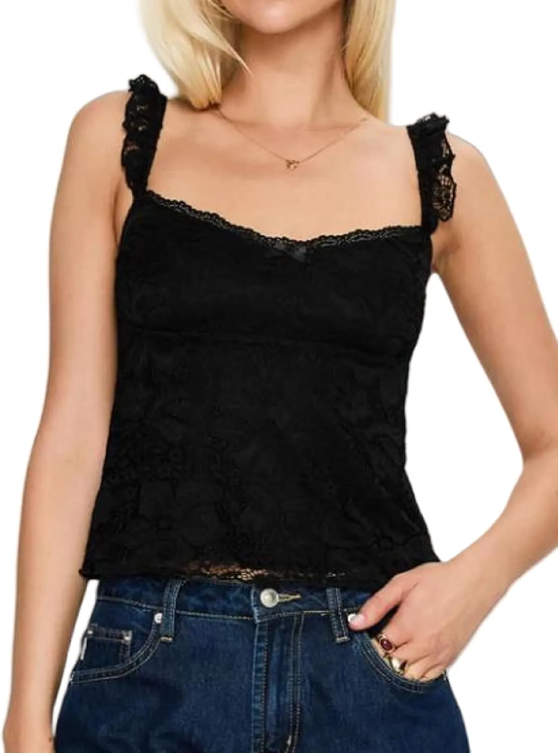Women Y2k Floral Lace Tank Top Square Neck Ruffle Lace Camisole Fairycore Sleeveless Backless Going Out Tops
