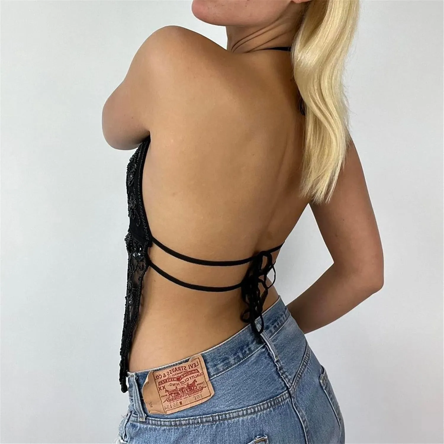 Women Y2k Sequin Cami Top Sexy V Neck Spaghetti Strap Sparkle Backless Bead Crop Tops Summer Coquette Party Clubwear