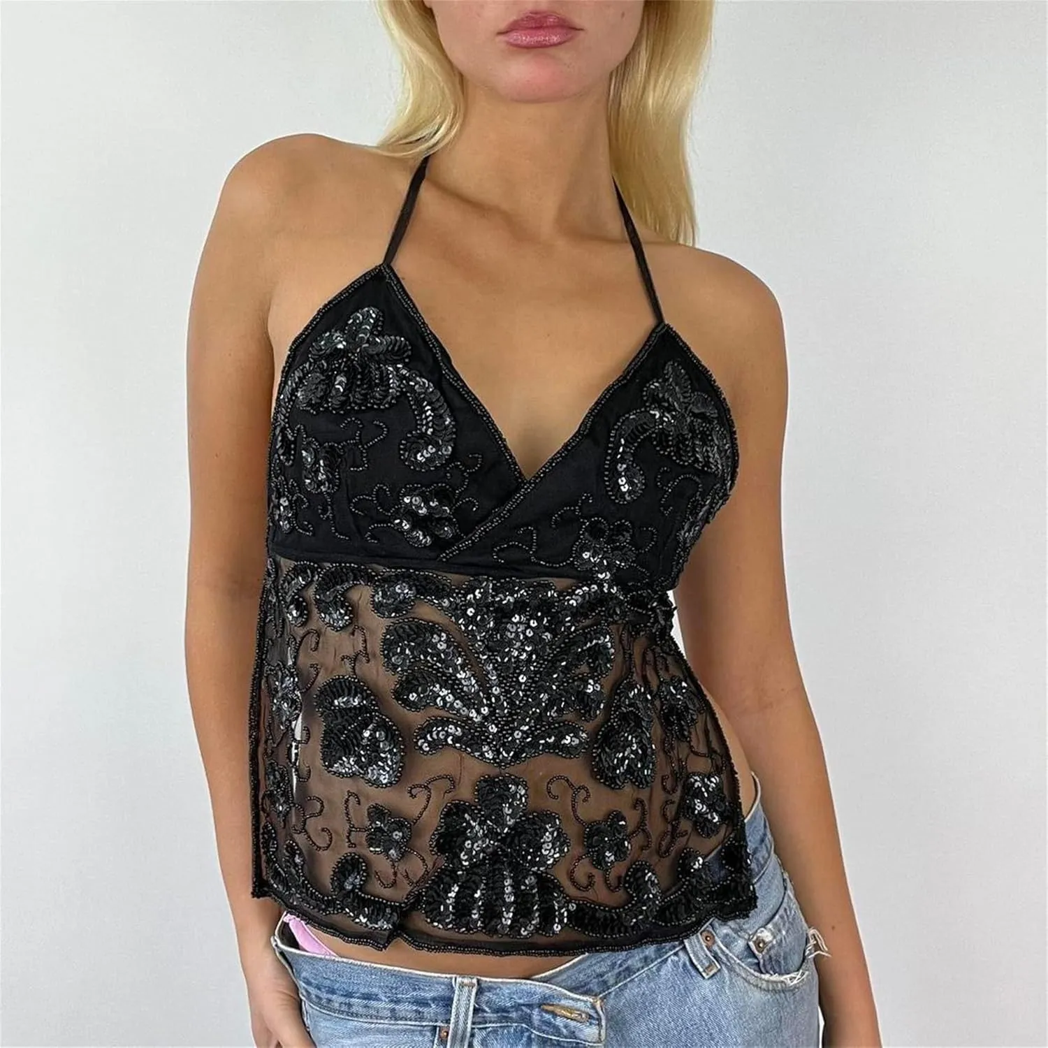 Women Y2k Sequin Cami Top Sexy V Neck Spaghetti Strap Sparkle Backless Bead Crop Tops Summer Coquette Party Clubwear