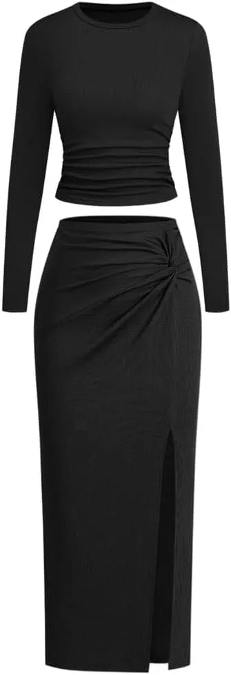 Women's 2 Pieces Skirt Set Knit Long Sleeve Crop Top Twist Front Slim Fit Solid Color Side Slit Tight Bodycon Skirt