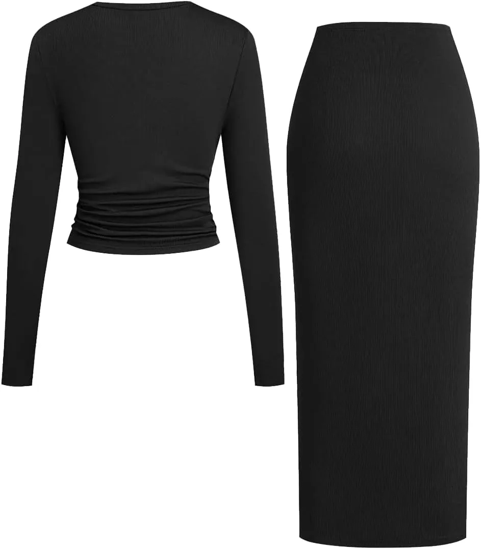 Women's 2 Pieces Skirt Set Knit Long Sleeve Crop Top Twist Front Slim Fit Solid Color Side Slit Tight Bodycon Skirt