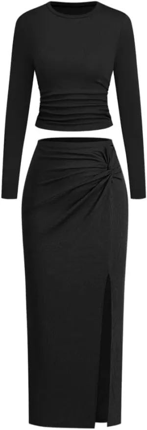 Women's 2 Pieces Skirt Set Knit Long Sleeve Crop Top Twist Front Slim Fit Solid Color Side Slit Tight Bodycon Skirt