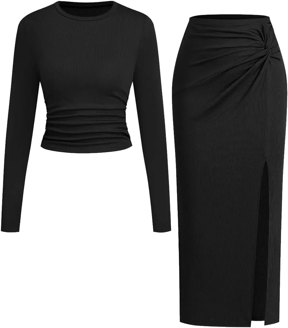 Women's 2 Pieces Skirt Set Knit Long Sleeve Crop Top Twist Front Slim Fit Solid Color Side Slit Tight Bodycon Skirt