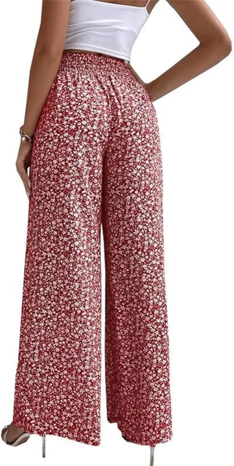 Womens Boho Floral Pants High Waist Palazzo Trousers Lightweight Comfy Loose Fit Wide Leg Lounge Long Pants