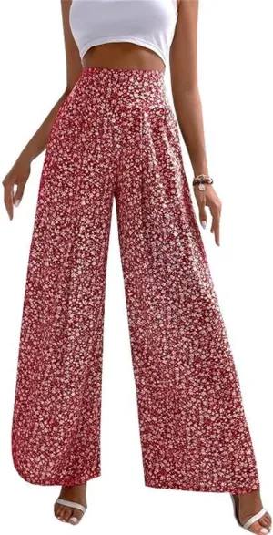 Womens Boho Floral Pants High Waist Palazzo Trousers Lightweight Comfy Loose Fit Wide Leg Lounge Long Pants