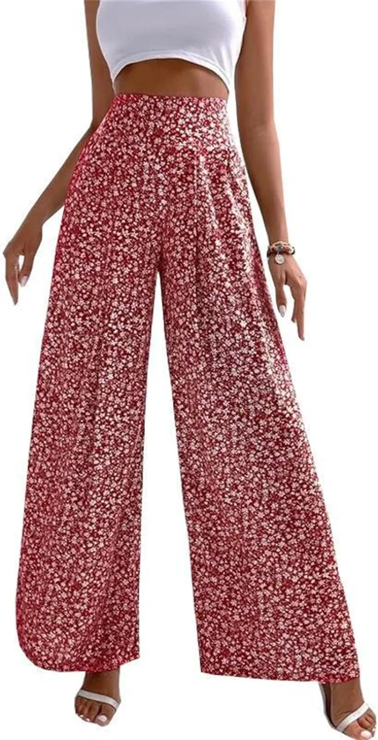 Womens Boho Floral Pants High Waist Palazzo Trousers Lightweight Comfy Loose Fit Wide Leg Lounge Long Pants