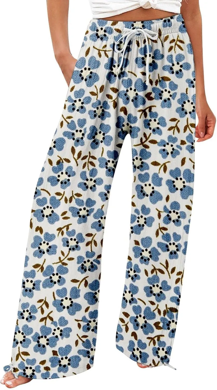 Women's Boho Wide Leg Palazzo Pants Womens Cotton Casual Loose Pants Comfy Work Pants with Long Casual Wide Leg
