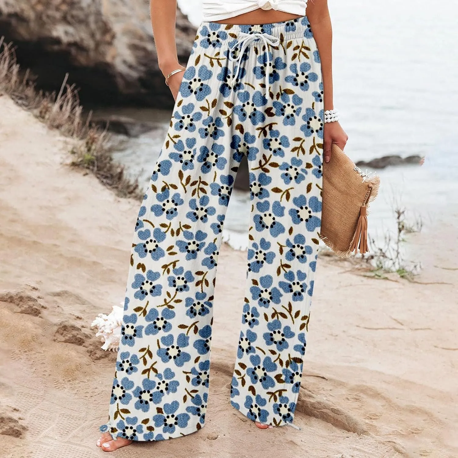Women's Boho Wide Leg Palazzo Pants Womens Cotton Casual Loose Pants Comfy Work Pants with Long Casual Wide Leg