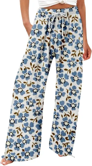 Women's Boho Wide Leg Palazzo Pants Womens Cotton Casual Loose Pants Comfy Work Pants with Long Casual Wide Leg
