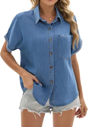 Women's Button Down Cropped Denim Shirt Casual Business Jean Tops with Pockets