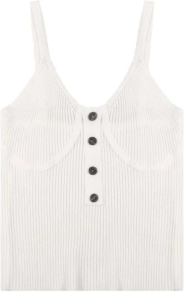 Womens Button Ribbed Knitted Camisole Low Cut Sleeveless Vest Top Solid Color Knitwear