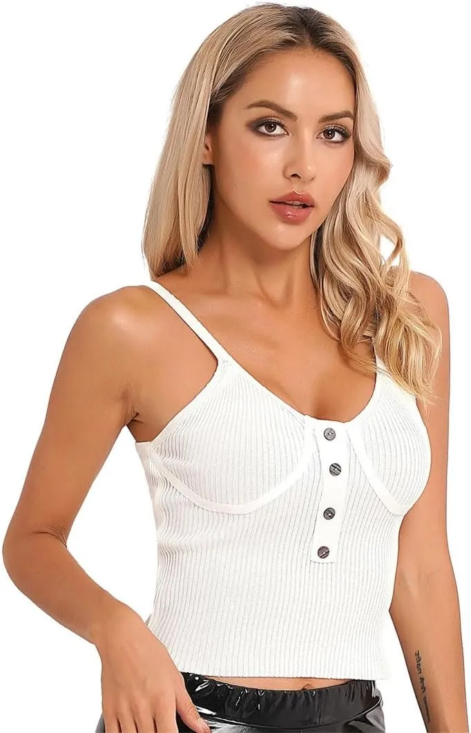Womens Button Ribbed Knitted Camisole Low Cut Sleeveless Vest Top Solid Color Knitwear