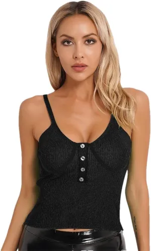 Womens Button Ribbed Knitted Camisole Low Cut Sleeveless Vest Top Solid Color Knitwear