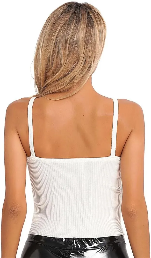 Womens Button Ribbed Knitted Camisole Low Cut Sleeveless Vest Top Solid Color Knitwear