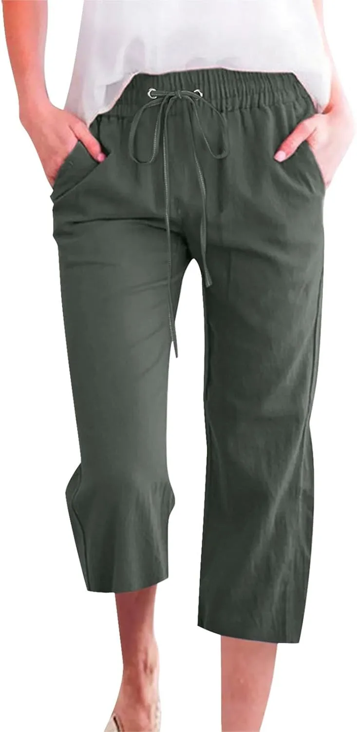 Womens Capri Linen Pants Summer 2025 Casual Drawstring High Waisted Straight Wide Leg Travel Dressy Cropped Trousers