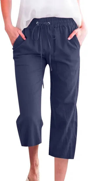 Womens Capri Linen Pants Summer 2025 Casual Drawstring High Waisted Straight Wide Leg Travel Dressy Cropped Trousers