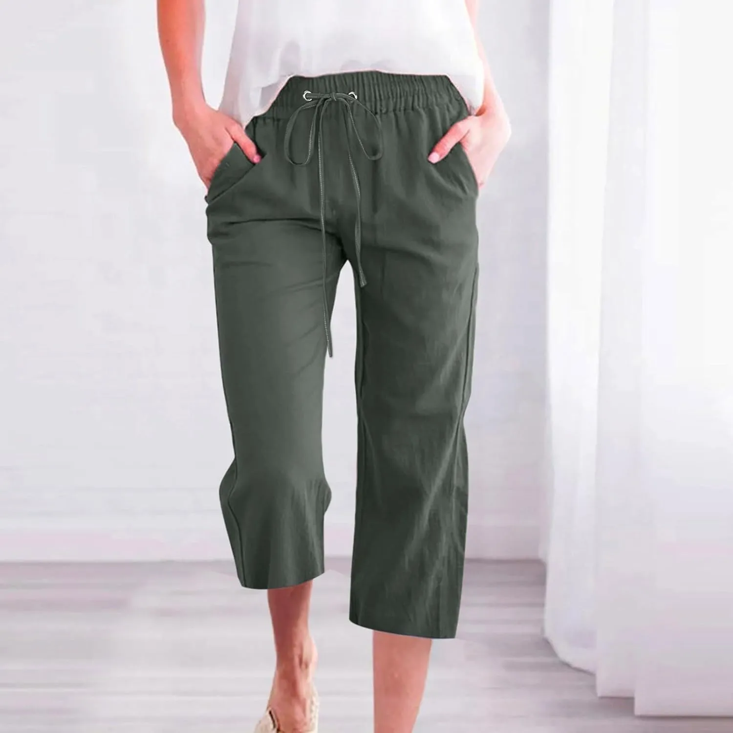 Womens Capri Linen Pants Summer 2025 Casual Drawstring High Waisted Straight Wide Leg Travel Dressy Cropped Trousers