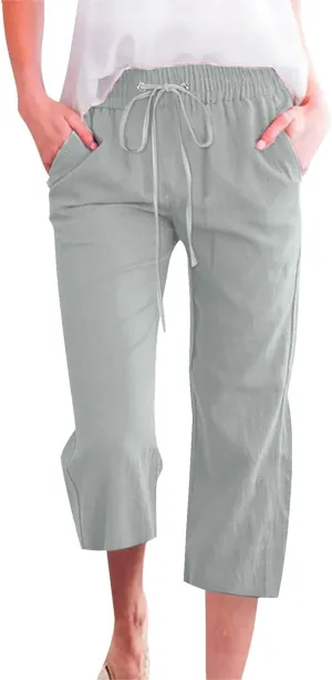 Womens Capri Linen Pants Summer 2025 Casual Drawstring High Waisted Straight Wide Leg Travel Dressy Cropped Trousers