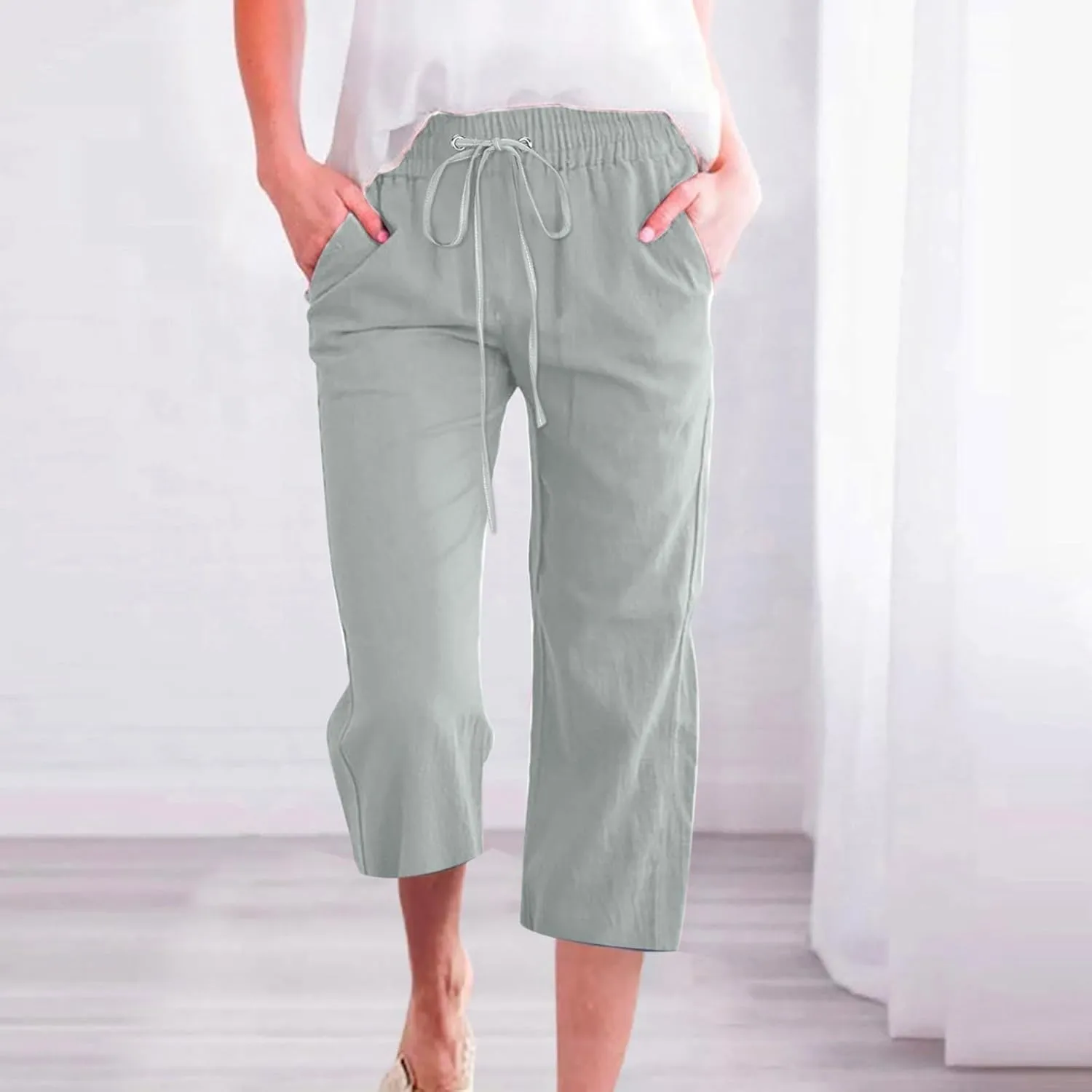Womens Capri Linen Pants Summer 2025 Casual Drawstring High Waisted Straight Wide Leg Travel Dressy Cropped Trousers