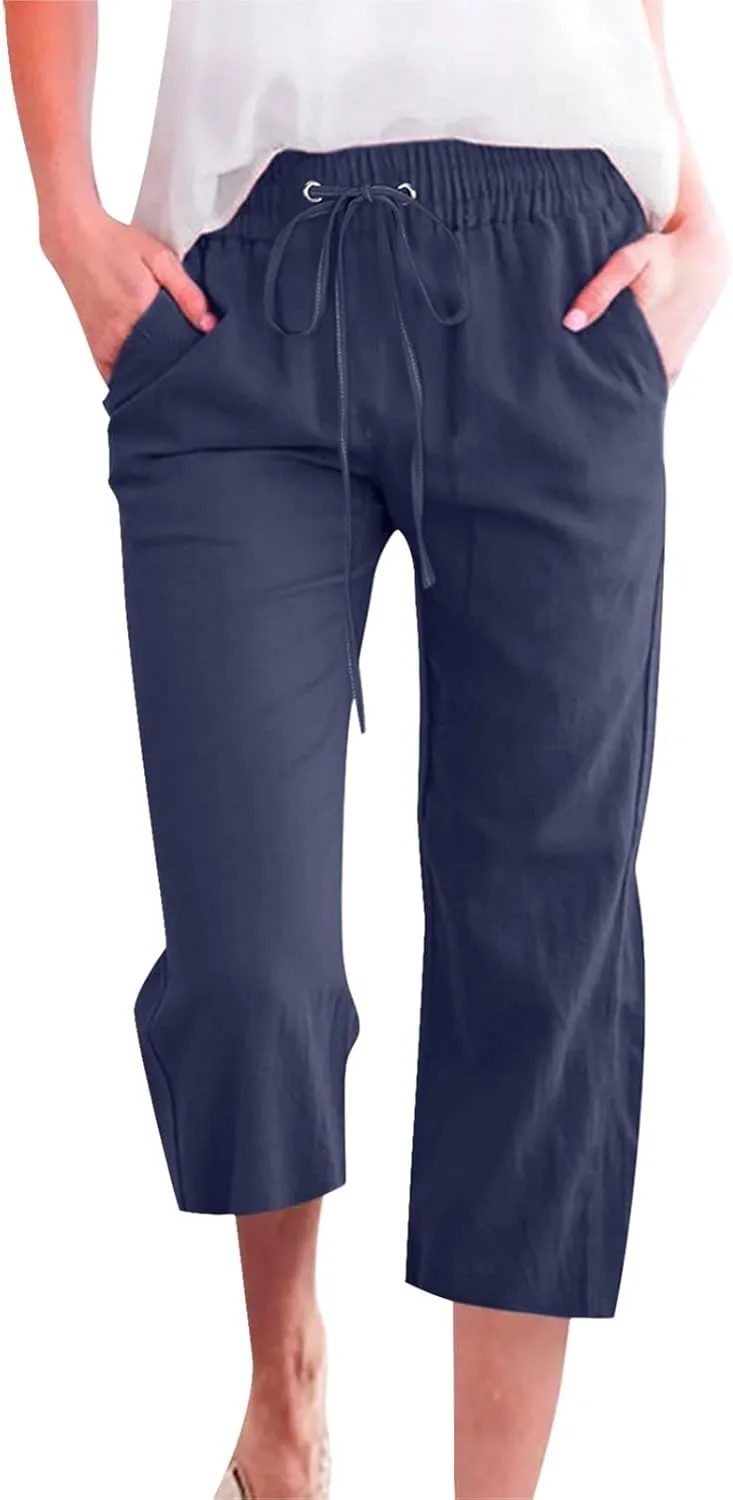 Womens Capri Linen Pants Summer 2025 Casual Drawstring High Waisted Straight Wide Leg Travel Dressy Cropped Trousers
