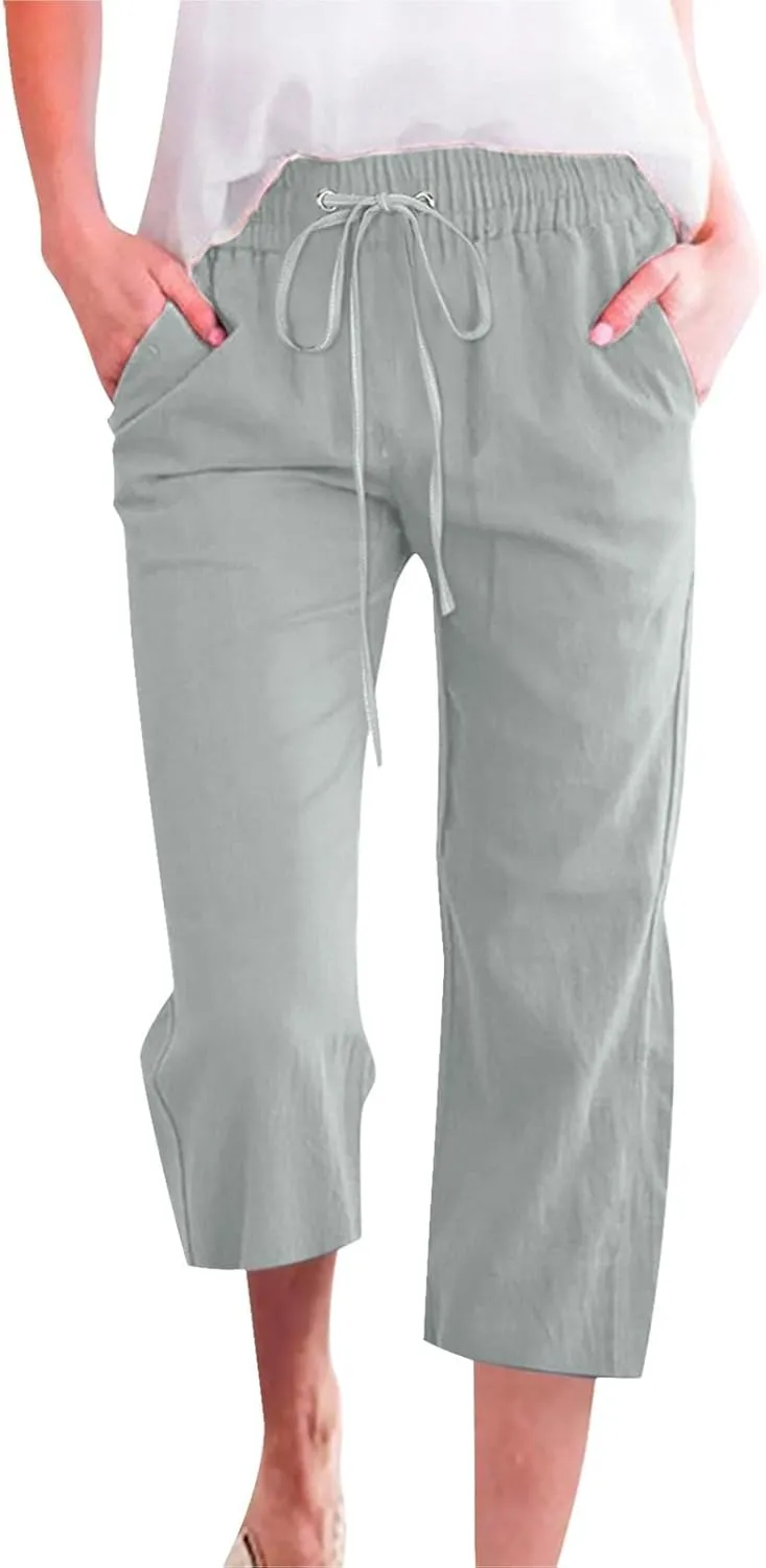 Womens Capri Linen Pants Summer 2025 Casual Drawstring High Waisted Straight Wide Leg Travel Dressy Cropped Trousers