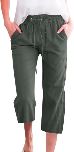 Womens Capri Linen Pants Summer 2025 Casual Drawstring High Waisted Straight Wide Leg Travel Dressy Cropped Trousers