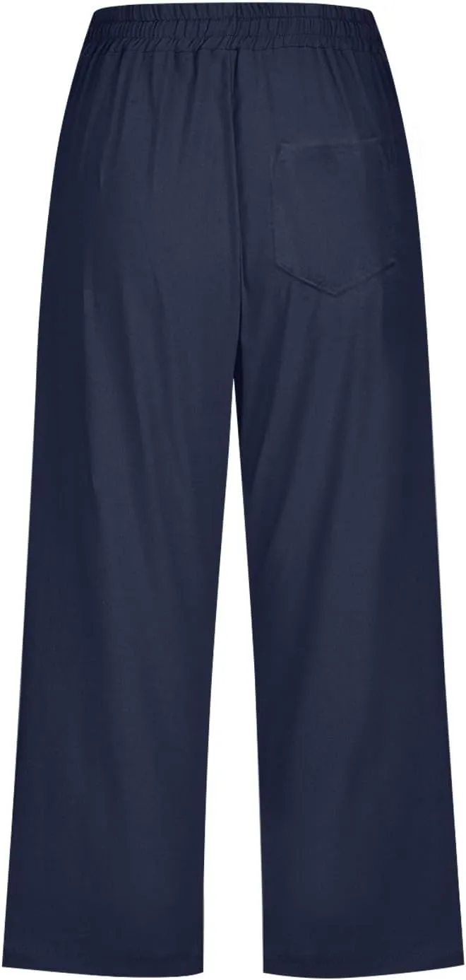 Womens Capri Linen Pants Summer 2025 Casual Drawstring High Waisted Straight Wide Leg Travel Dressy Cropped Trousers