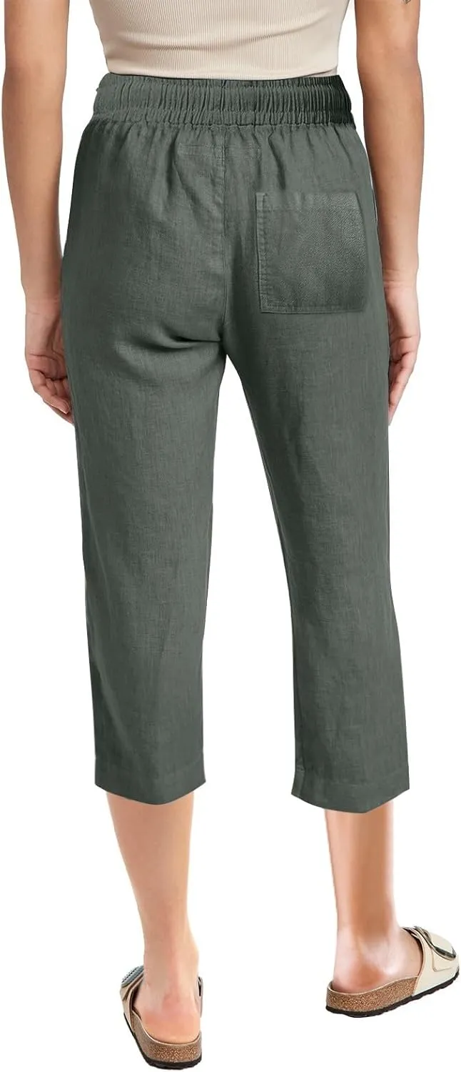 Womens Capri Linen Pants Summer 2025 Casual Drawstring High Waisted Straight Wide Leg Travel Dressy Cropped Trousers