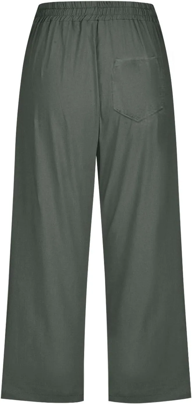 Womens Capri Linen Pants Summer 2025 Casual Drawstring High Waisted Straight Wide Leg Travel Dressy Cropped Trousers