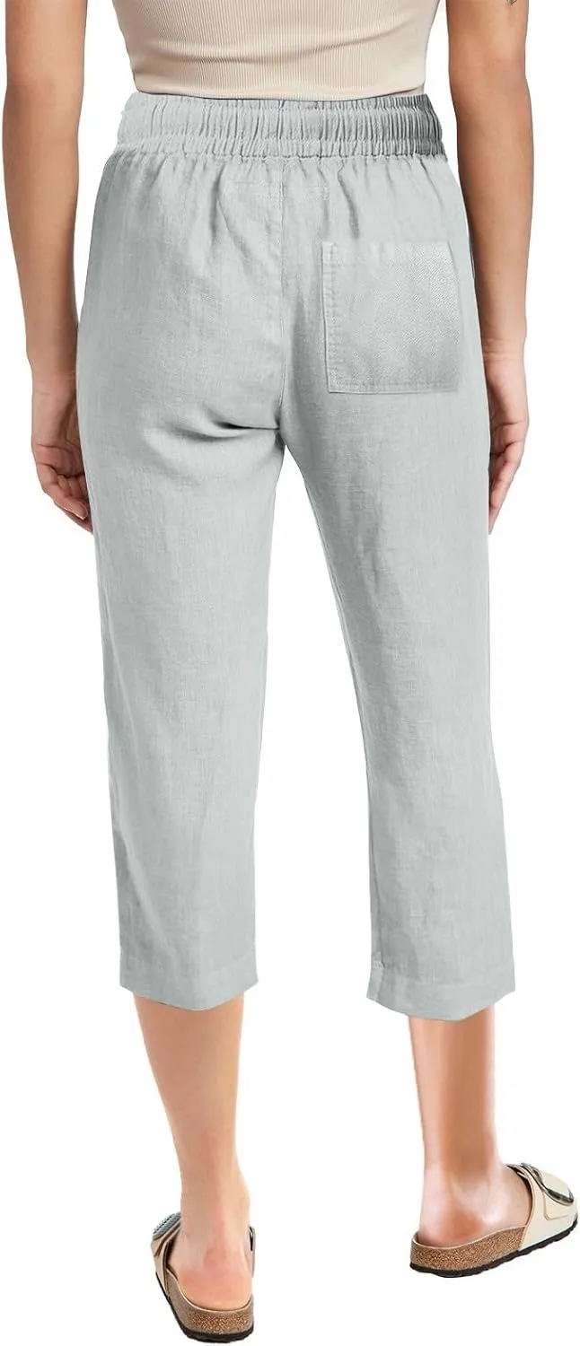 Womens Capri Linen Pants Summer 2025 Casual Drawstring High Waisted Straight Wide Leg Travel Dressy Cropped Trousers