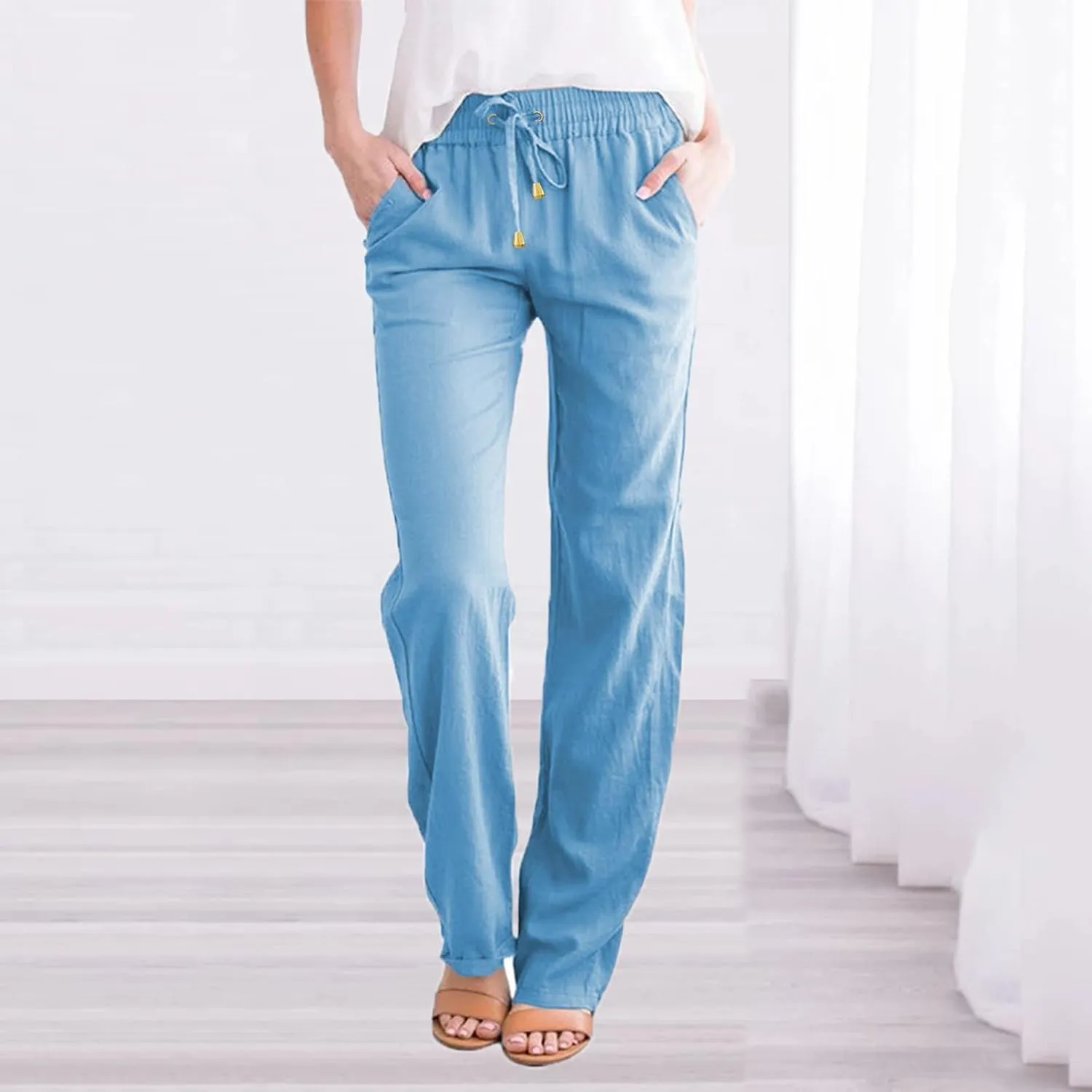 Womens Casual Linen High Waist Pants Drawstring Loose Fit Lightweight Summer Pants Trousers with Side Pockets