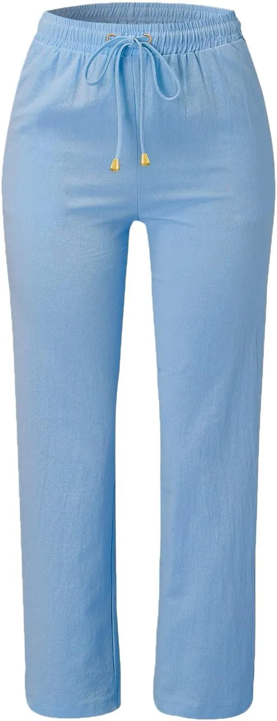 Womens Casual Linen High Waist Pants Drawstring Loose Fit Lightweight Summer Pants Trousers with Side Pockets
