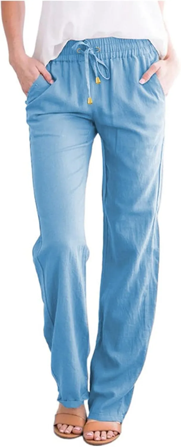 Womens Casual Linen High Waist Pants Drawstring Loose Fit Lightweight Summer Pants Trousers with Side Pockets