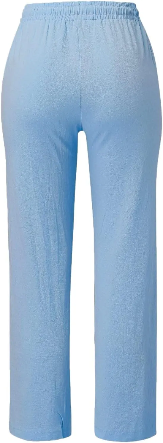 Womens Casual Linen High Waist Pants Drawstring Loose Fit Lightweight Summer Pants Trousers with Side Pockets