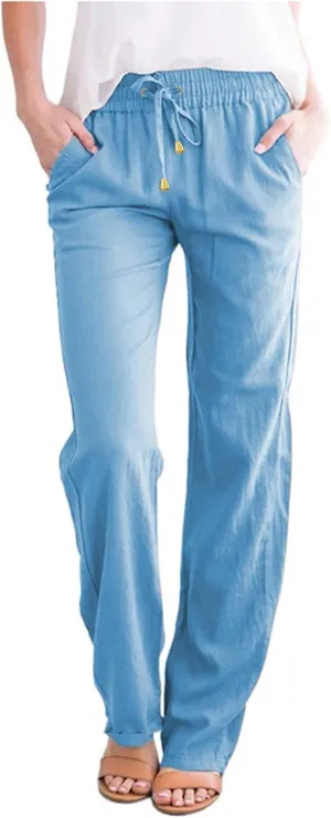 Womens Casual Linen High Waist Pants Drawstring Loose Fit Lightweight Summer Pants Trousers with Side Pockets