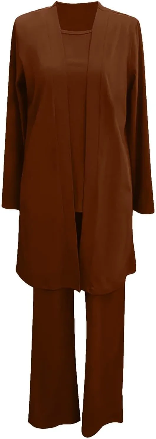 Womens Chiffon 3 Piece Outfit Sets Solid Formal Wide Leg Pant Suits Dressy Wedding Guest Pantsuits