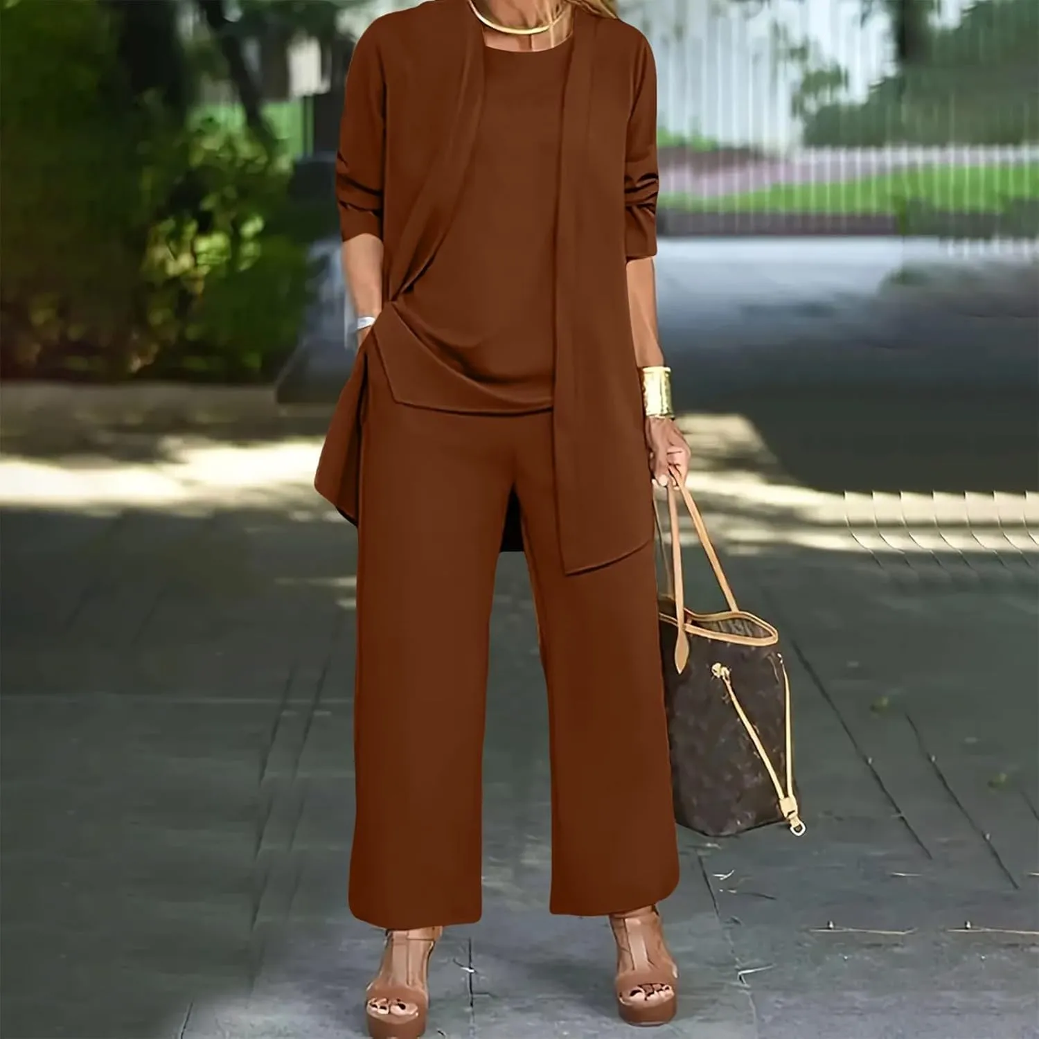 Womens Chiffon 3 Piece Outfit Sets Solid Formal Wide Leg Pant Suits Dressy Wedding Guest Pantsuits